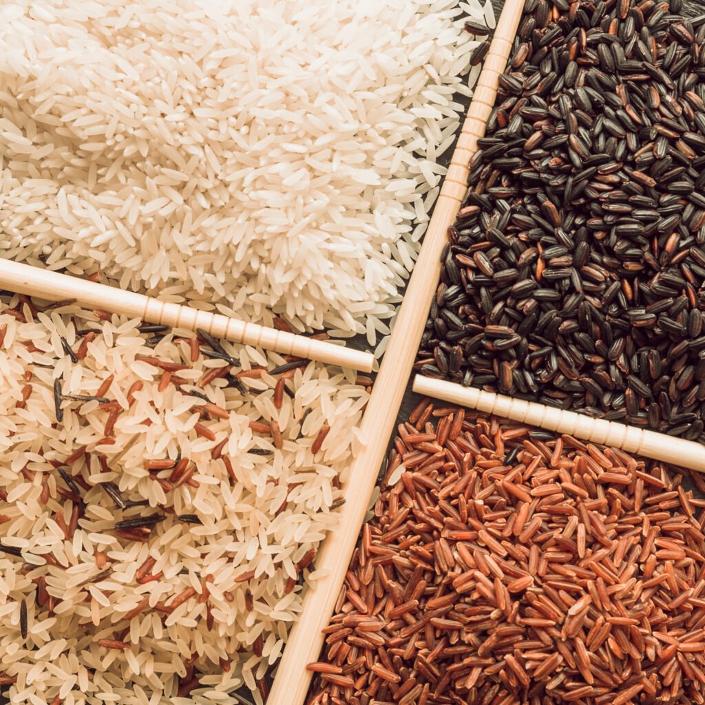 overhead view four different types organic rice grains